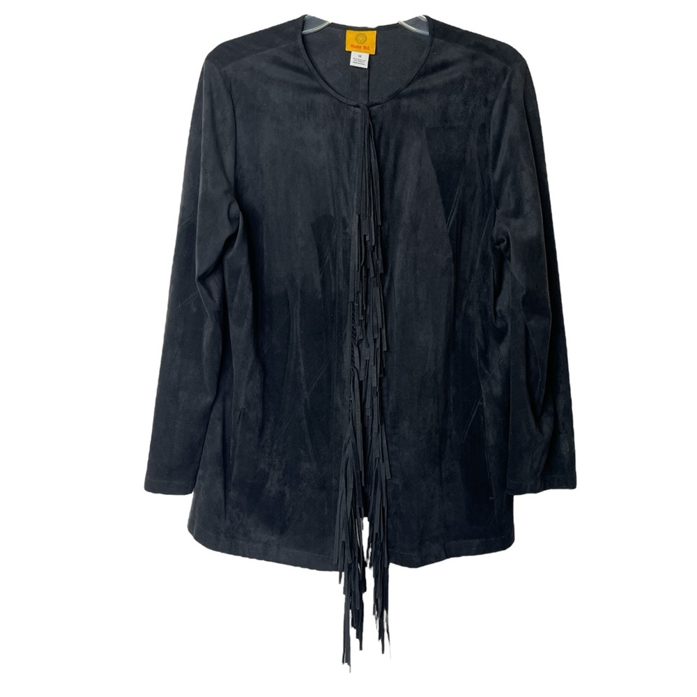 Ruby Rd. Western Black Faux Suede Fringe Open‎ Front Women's 14 Jacket Pockets